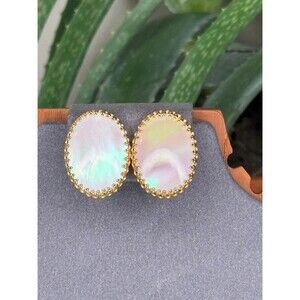Vintage Mother of Pearl Clip On Earrings Gold Tone Oval Petite Iridescent Shell